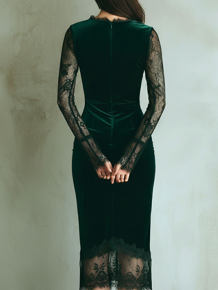 Green velvet lace midi dress side view