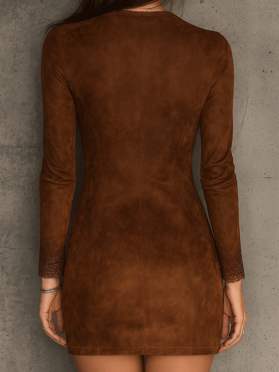Vintage caramel brown lace trim zip front suede mini dress back view