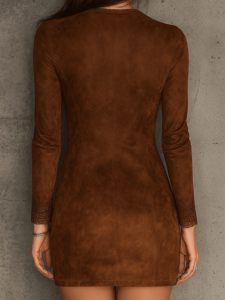 Vintage caramel brown lace trim zip front suede mini dress back view