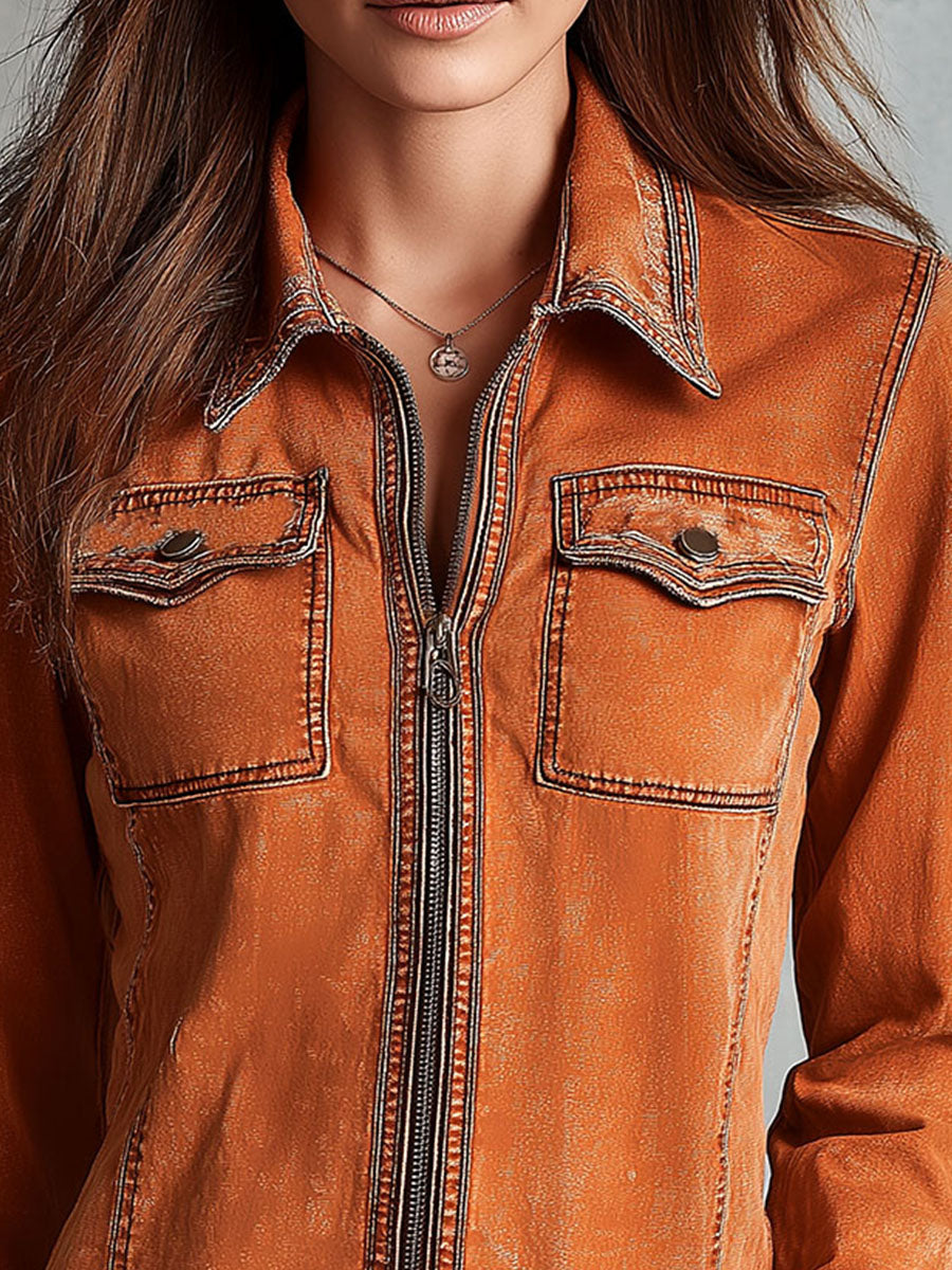 Burnt orange denim jacket full length view