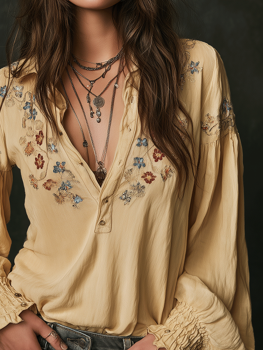 Casual yellow floral embroidered cotton shirt detail view