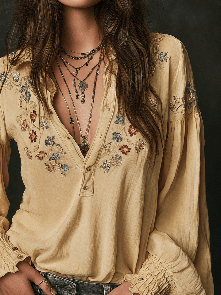 Casual yellow floral embroidered cotton shirt detail view