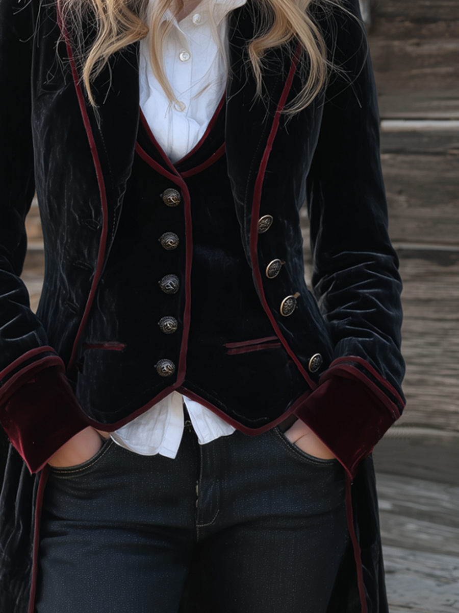 Velvet long jacket trim detail view