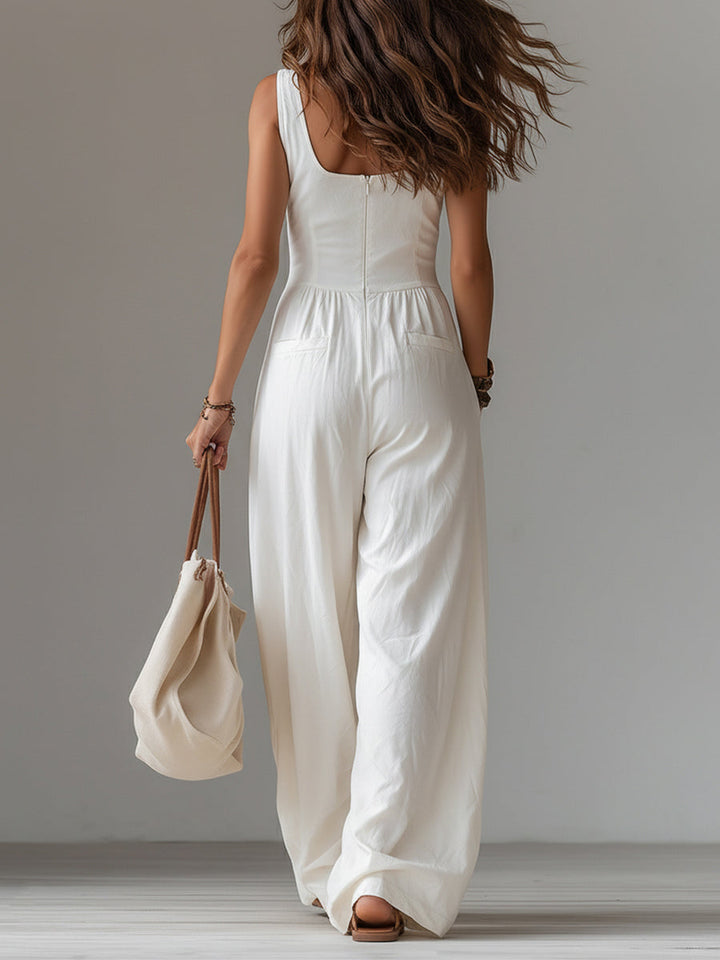 Wide-leg jumpsuit patch pocket detail close-up