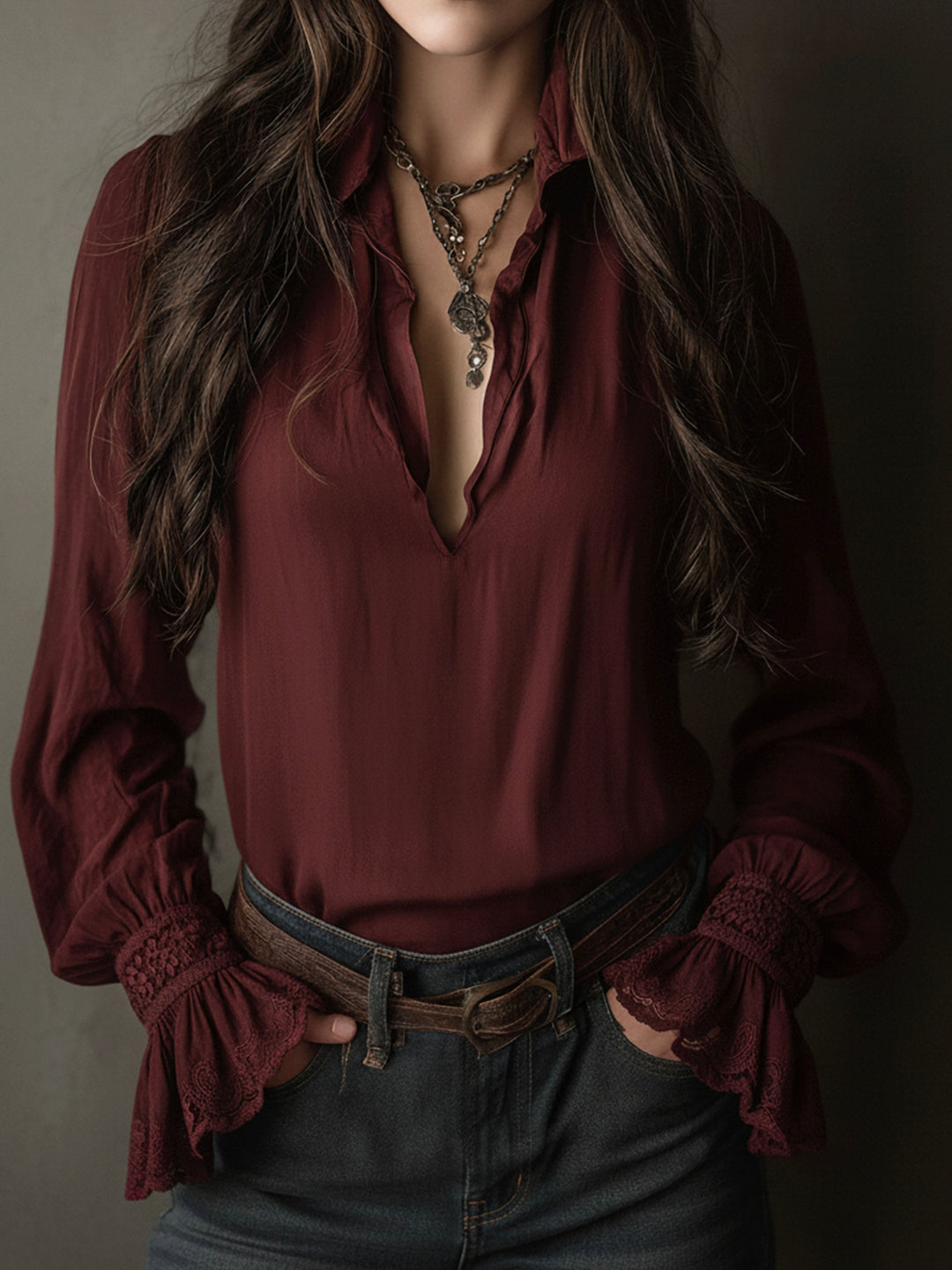 Boho wine red V-neck blouse lace cuffs front view