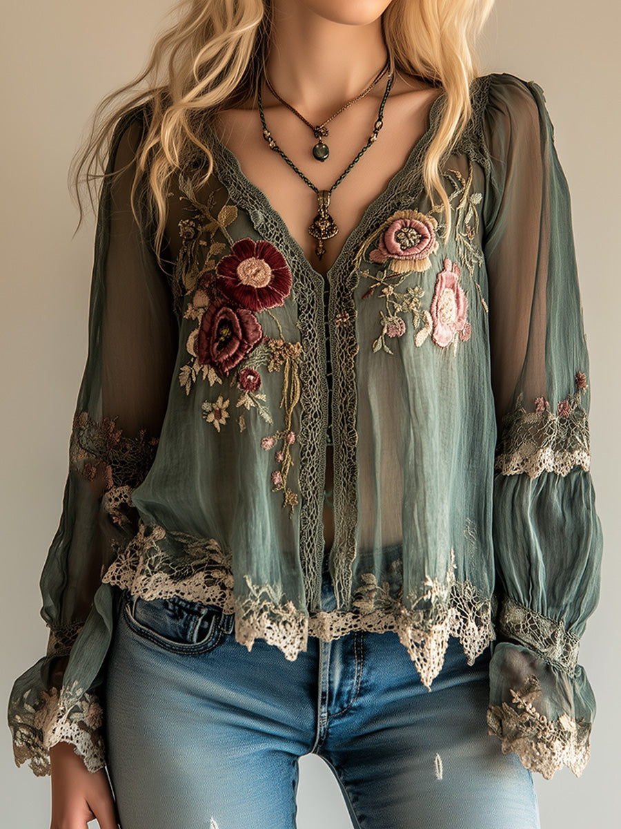 Bohemian vintage green embroidered shirt front view