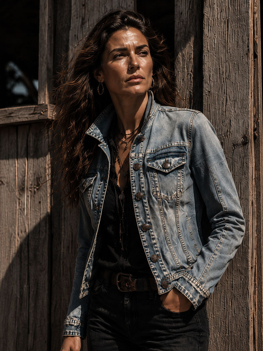 Denim jacket distressed detail close-up