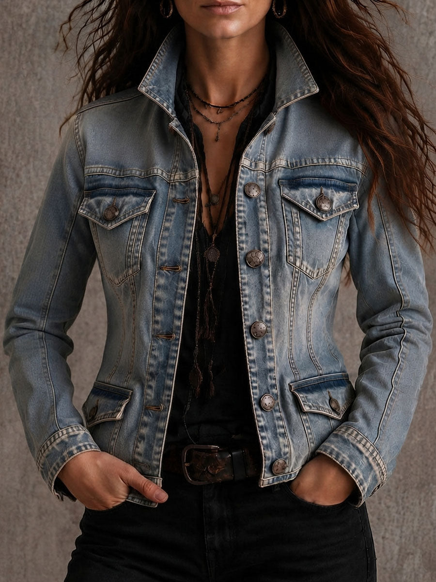 Distressed denim collar jacket back view