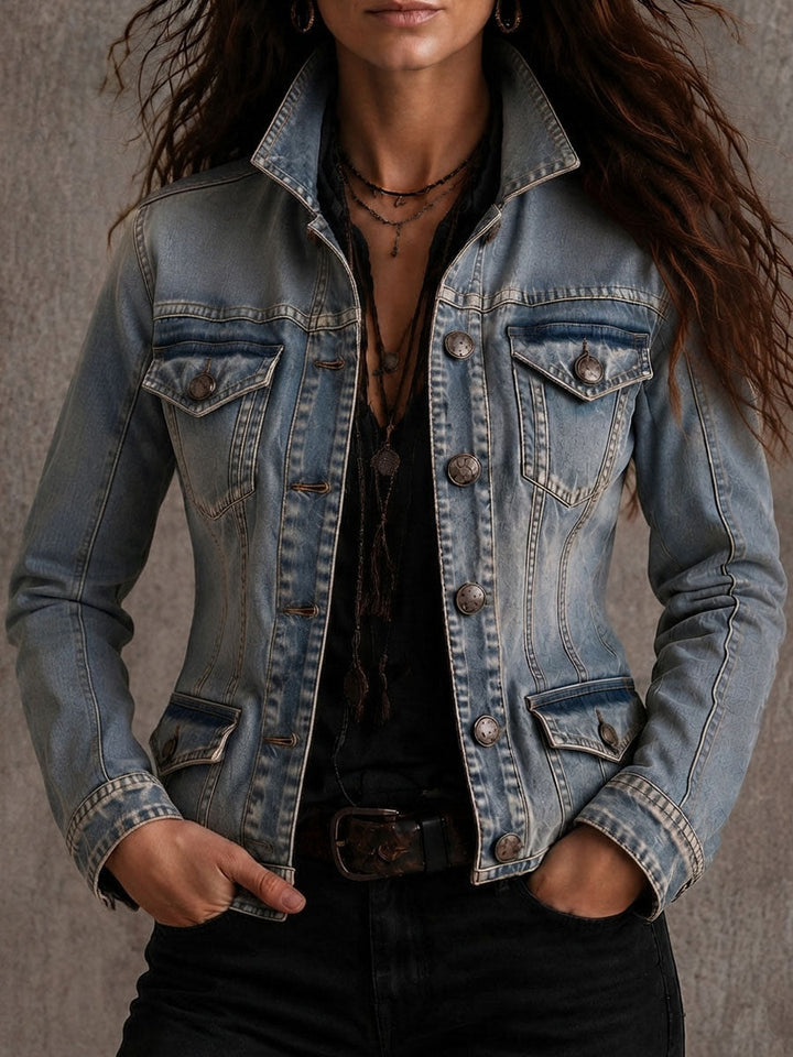 Distressed denim collar jacket back view
