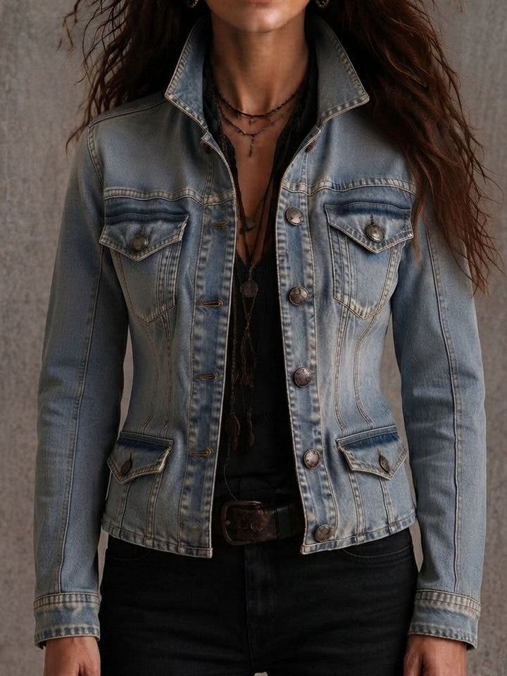 Vintage distressed denim jacket styled look