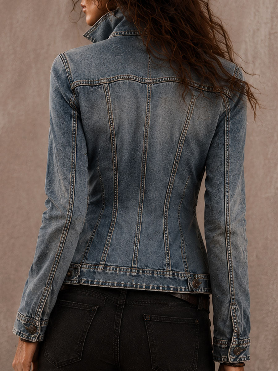 Vintage Distressed Washed Denim Collar Tailored Jacket