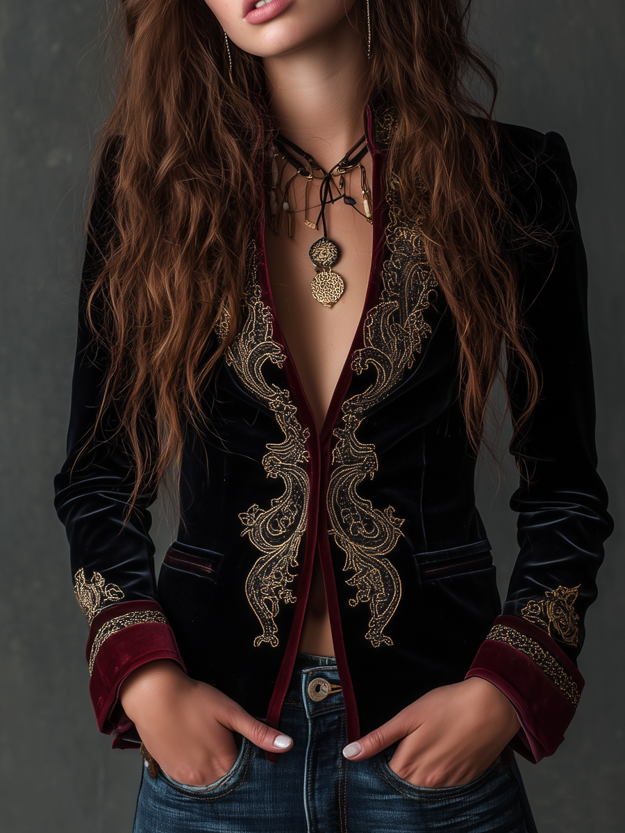Vintage baroque embroidered velvet blazer front view