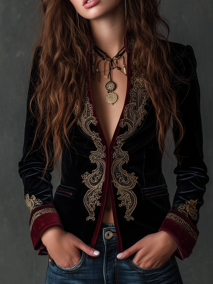 Vintage baroque embroidered velvet blazer front view