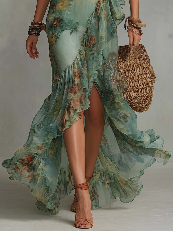 Retro floral wrap long dress back view
