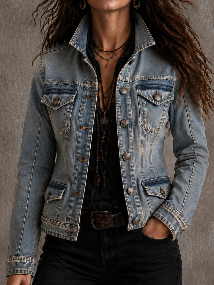 Distressed washed denim tailored jacket front view