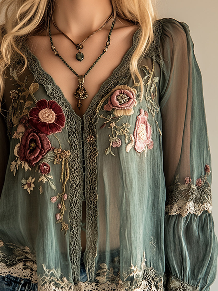 Vintage green embroidered shirt side view