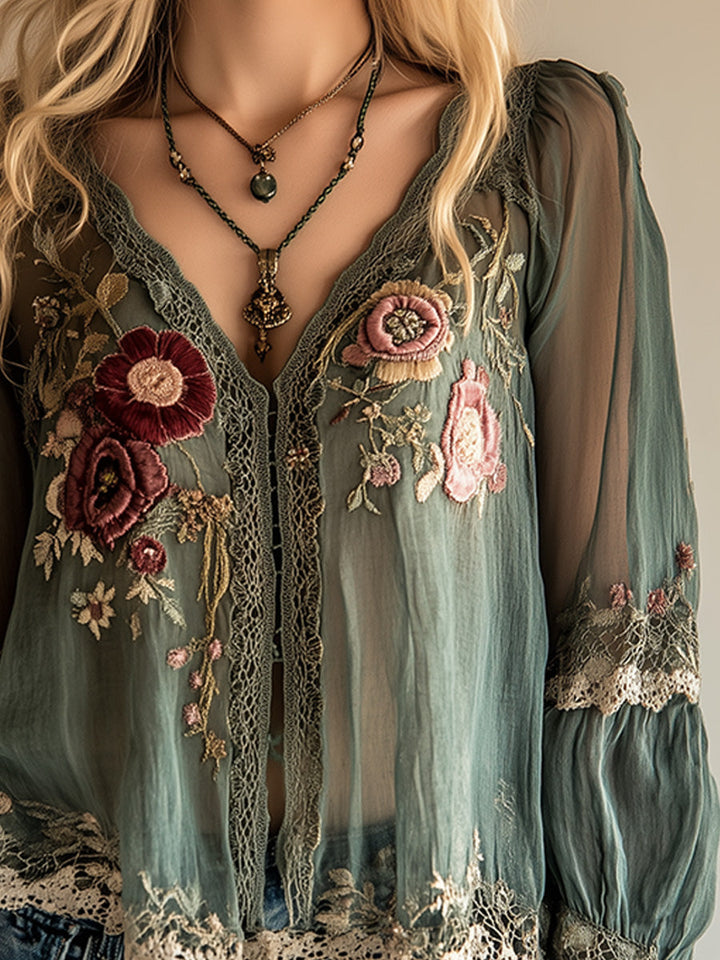 Vintage green embroidered shirt side view