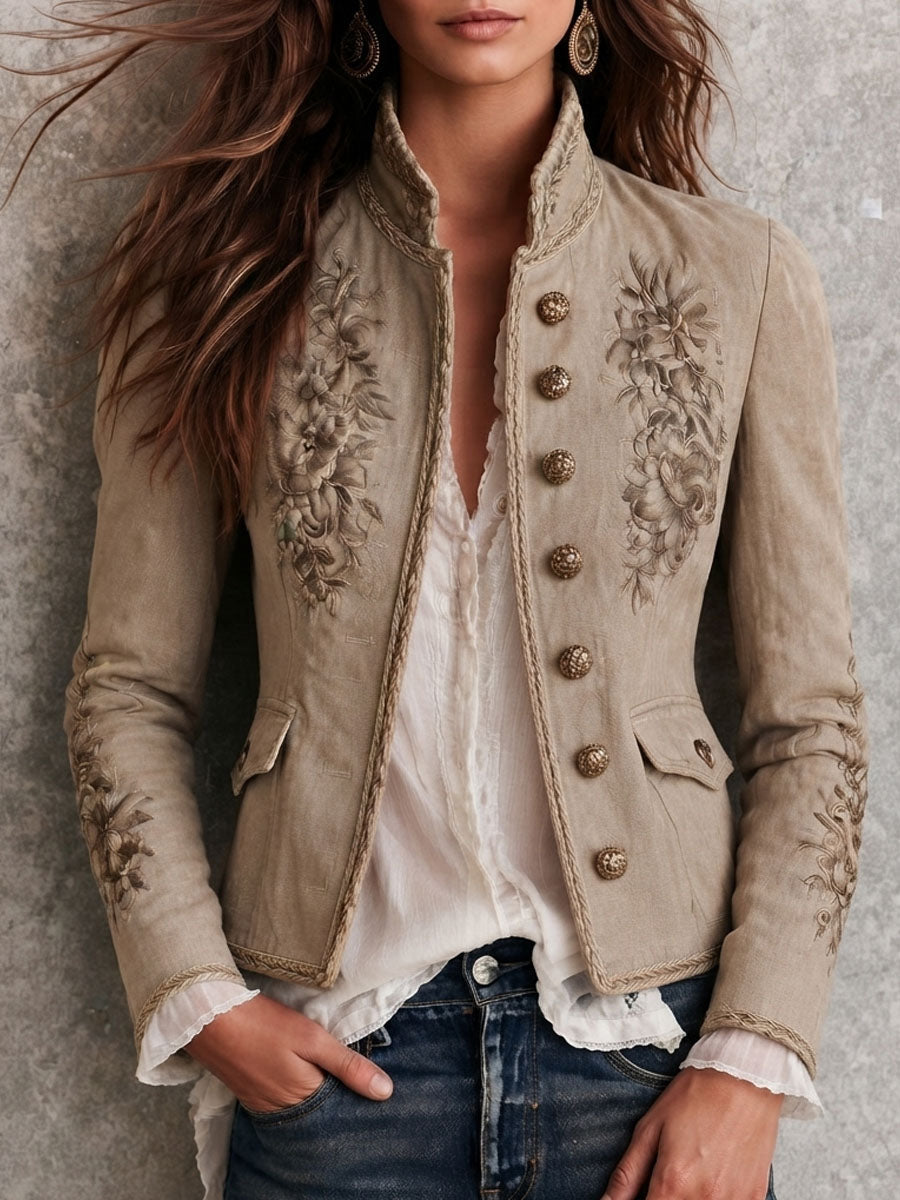 Beige floral embroidery jacket styled outfit
