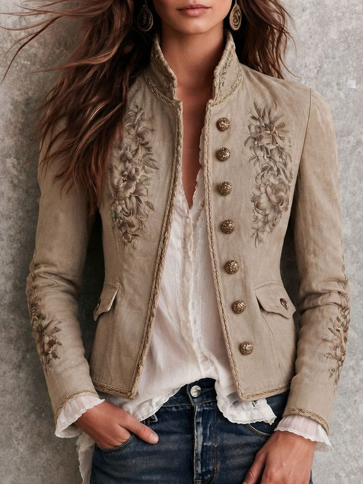 Beige floral embroidery jacket styled outfit