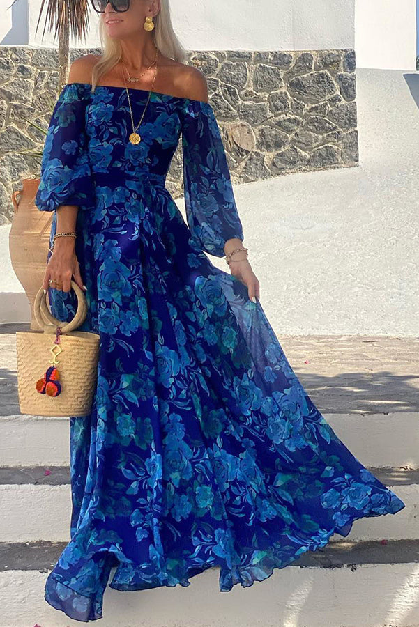 Francesca - Long dress with floral print and off-the-shoulder sleeves — side view