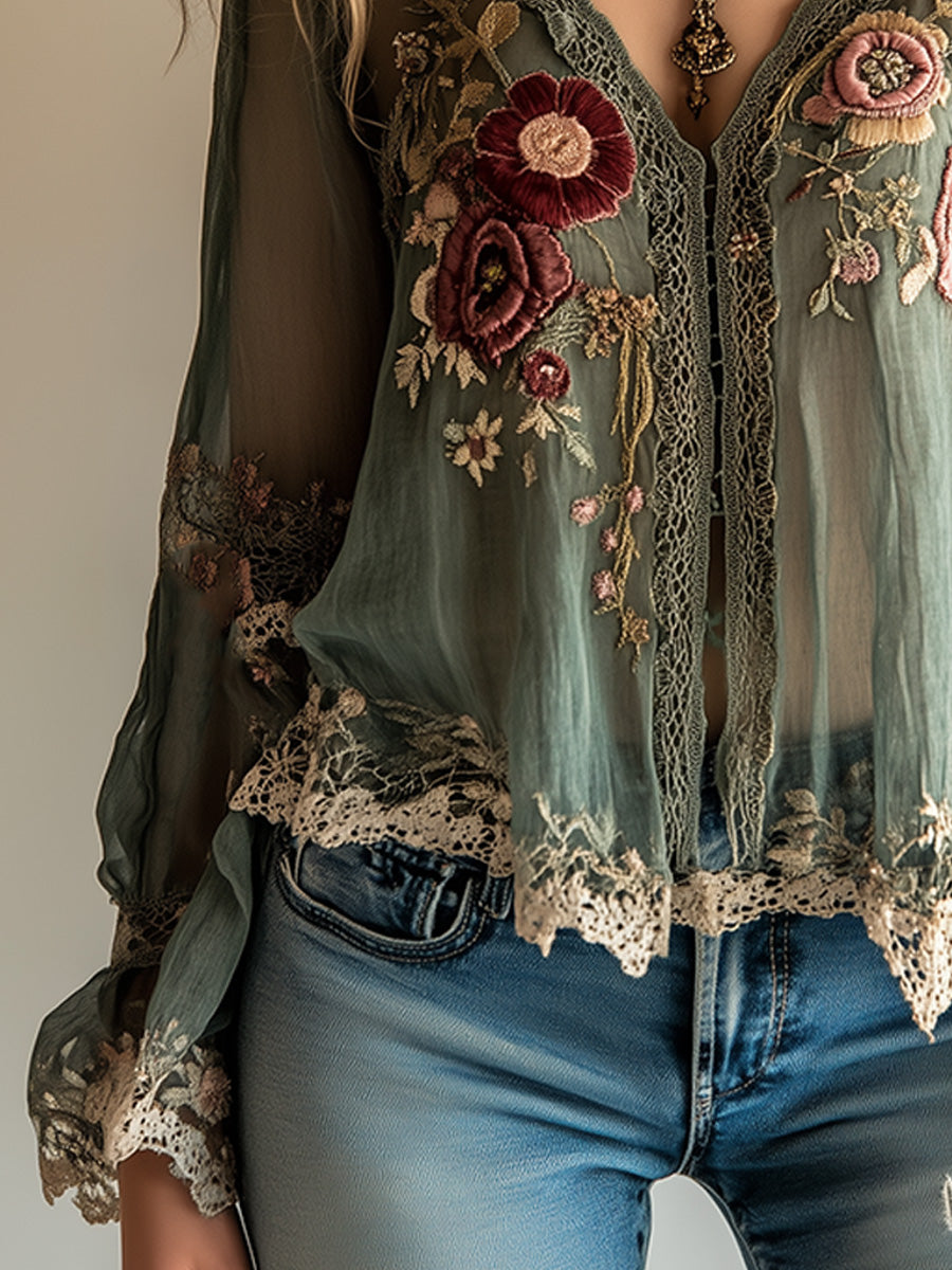 Green embroidered shirt back view