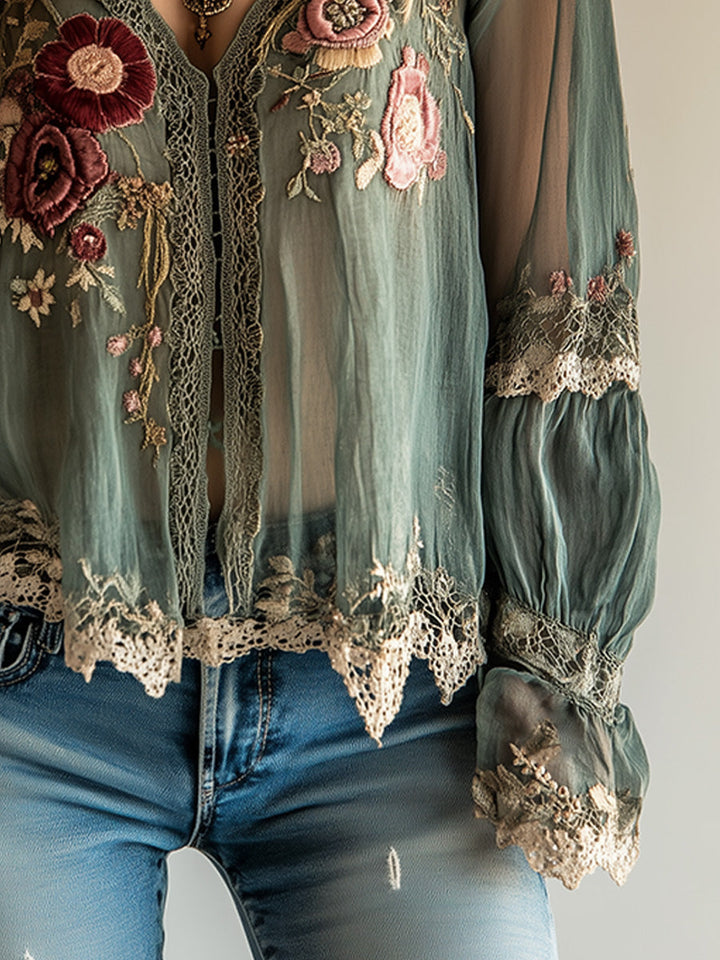 Boho green embroidery shirt detail view