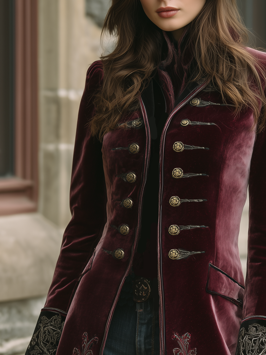 Contrast trim velvet coat back view