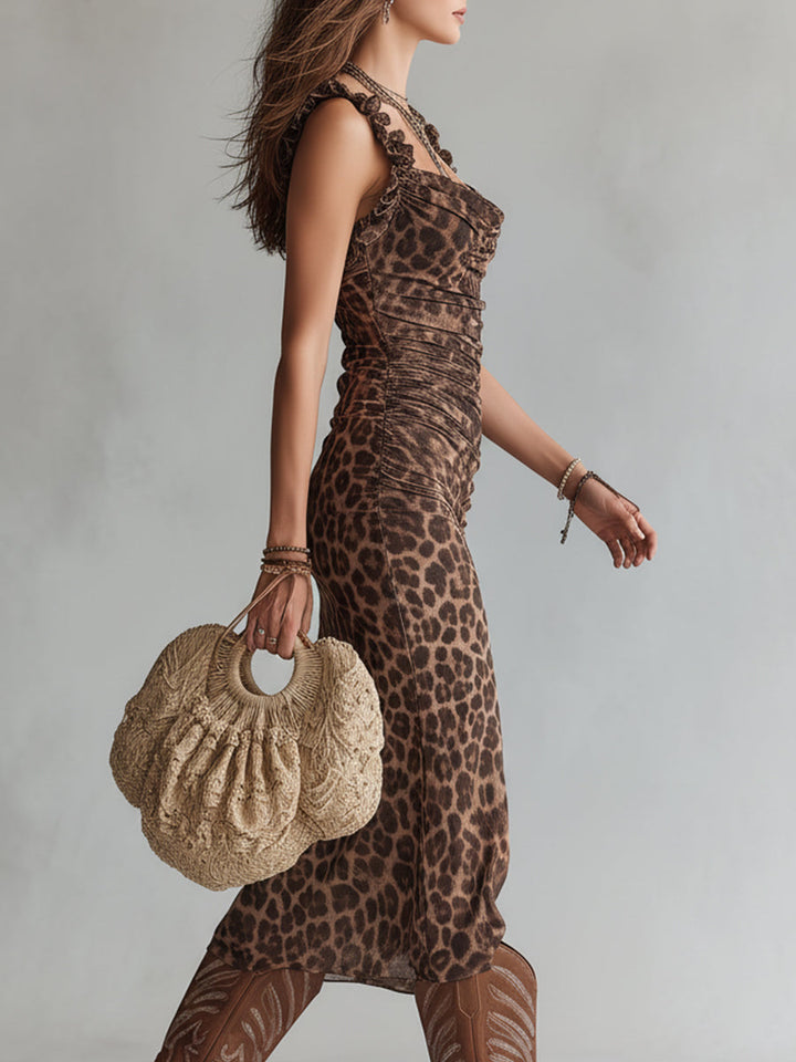Leopard print slit midi dress side view