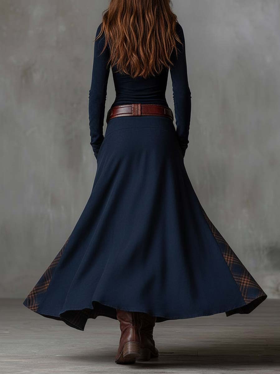 Vintage patchwork suede maxi dress plaid panels back view
