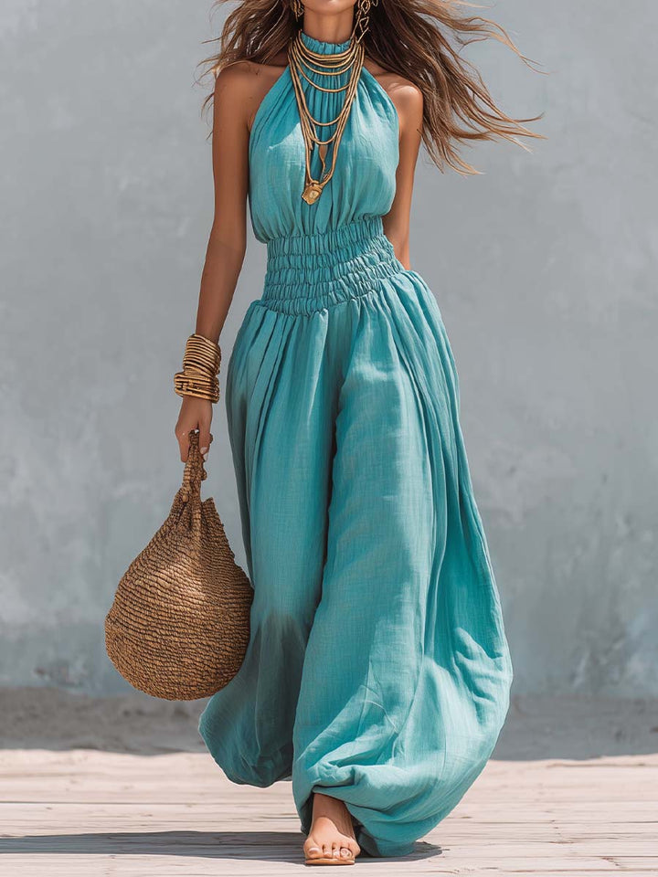Cotton-linen halter smocked balloon-leg jumpsuit front view