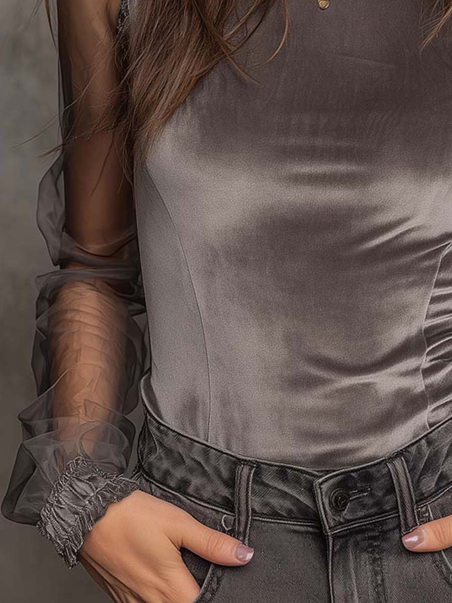 Grey velvet mesh top full length view