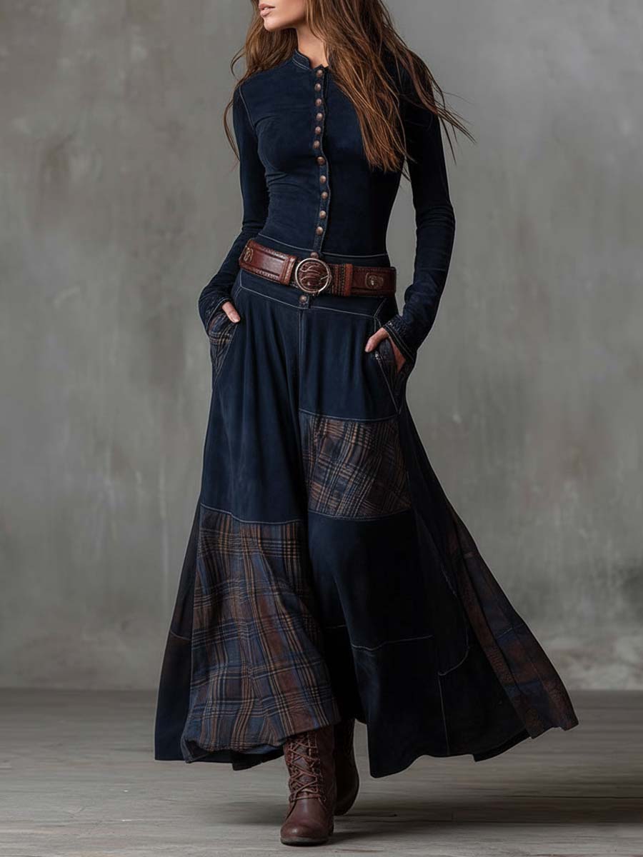 Vintage patchwork suede maxi dress plaid panels detail view