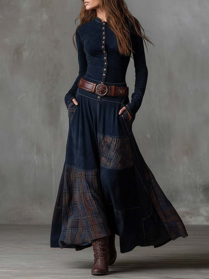 Vintage patchwork suede maxi dress plaid panels detail view