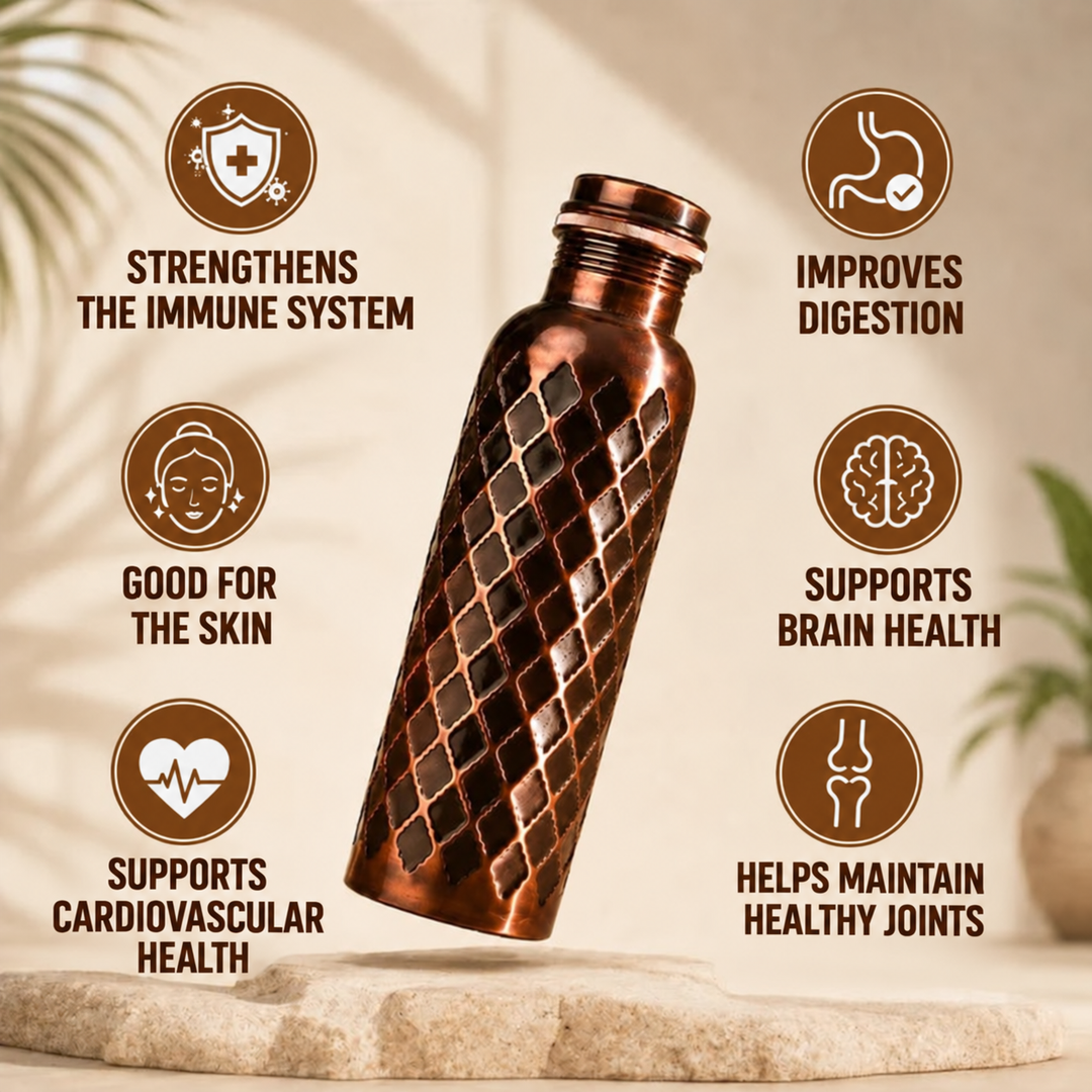 Side angle of the Diamond pure copper water bottle showing the honeycomb diamond pattern along the body