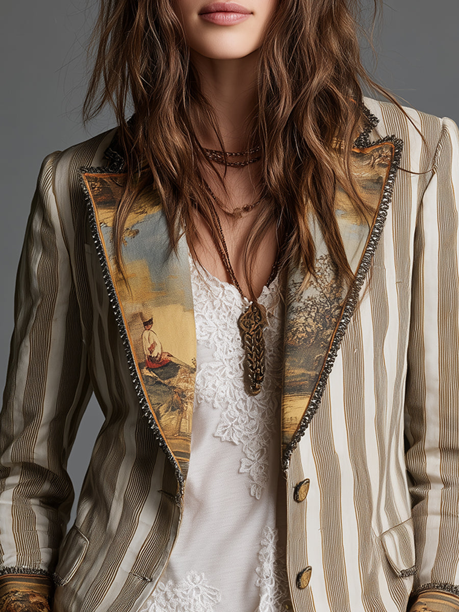 Boho striped blazer printed lapel detail view