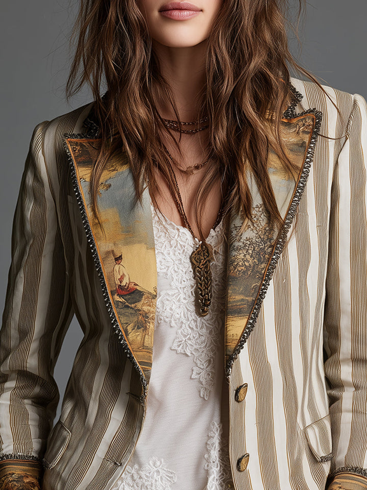 Boho striped blazer printed lapel detail view