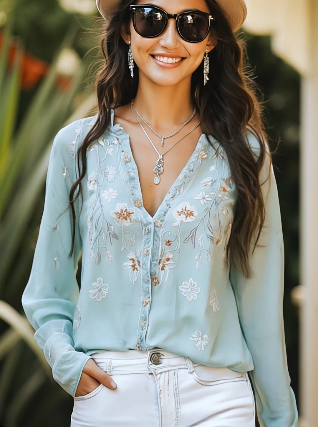 Soft casual bohemian style embroidered shirt back view