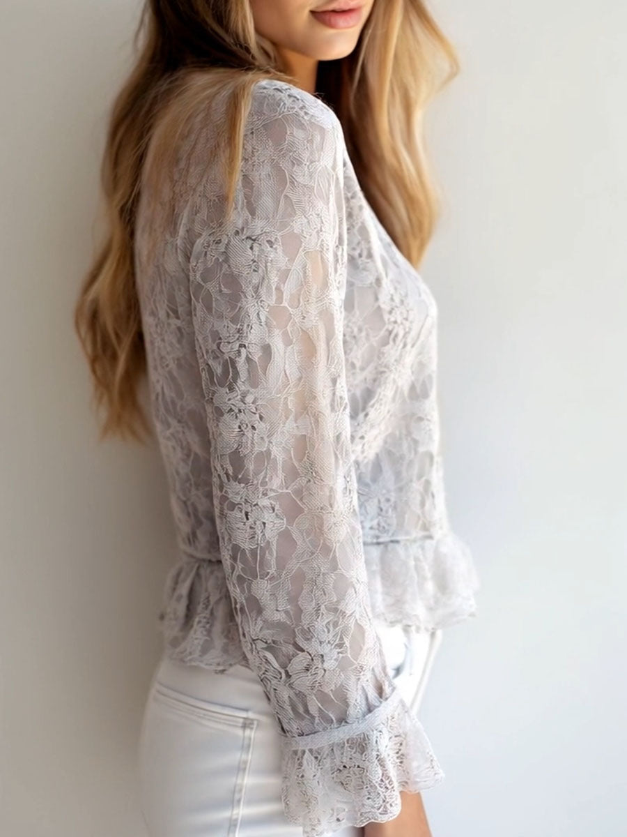 Stylish v-neck button down long sleeve lace shirt back view
