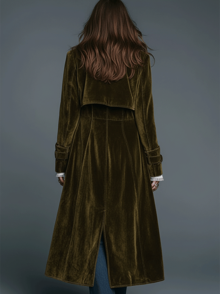 Boho luxe olive velvet leopard lapel long coat detail view