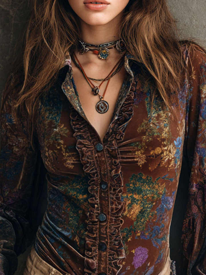 Chic boho floral print velvet blouse ruffle trim styled view