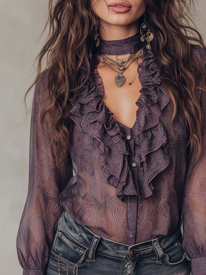 Vintage paisley print ruffled collar chiffon blouse back view