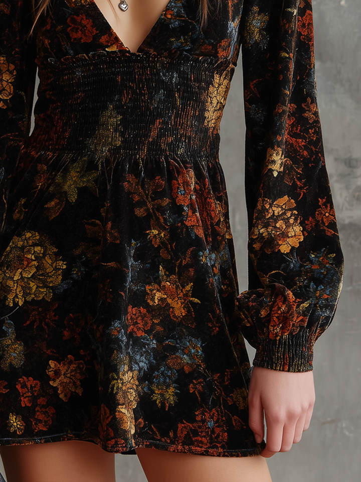 Retro floral print pleated waist velvet mini dress side view