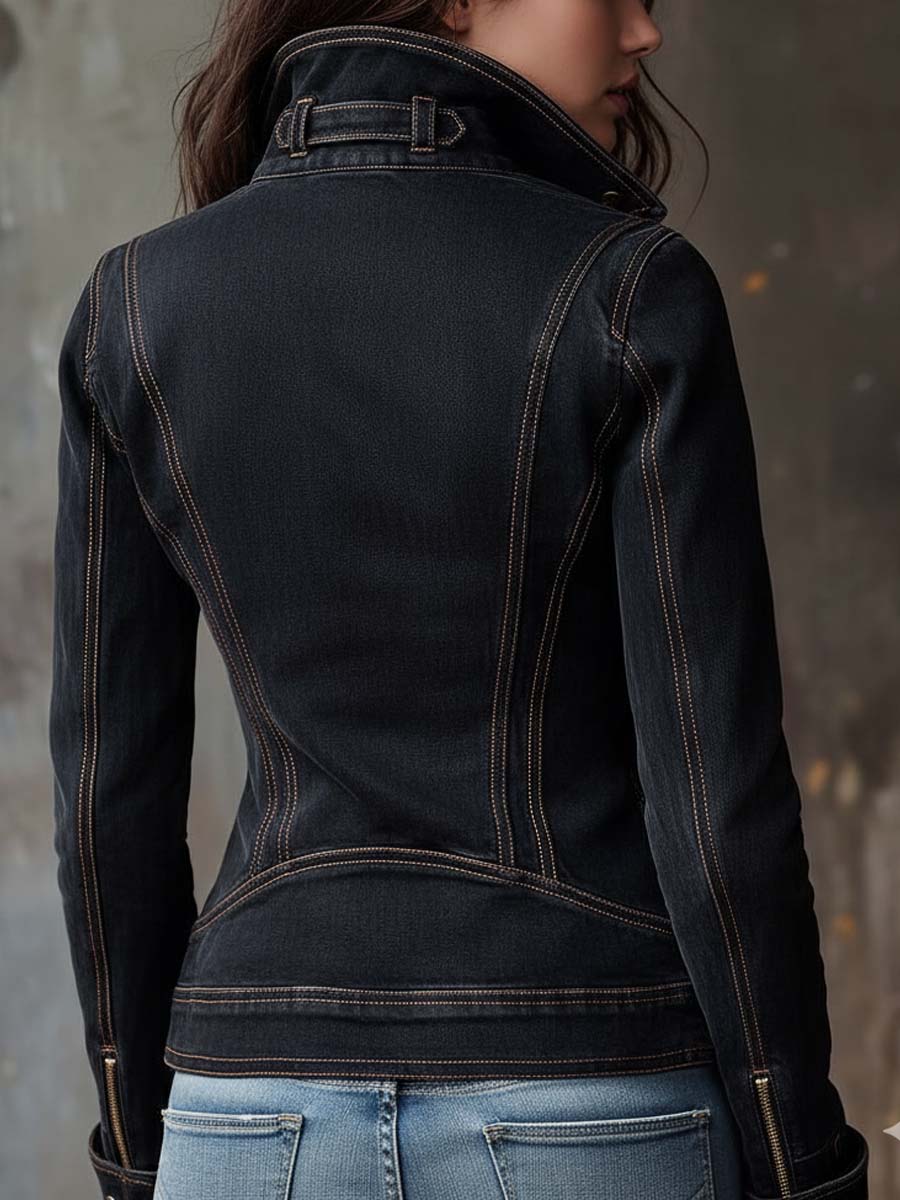 Denim moto jacket side view