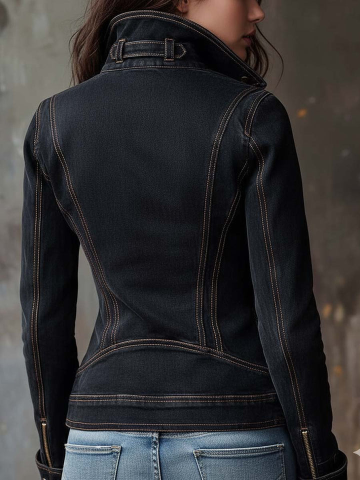Denim moto jacket side view