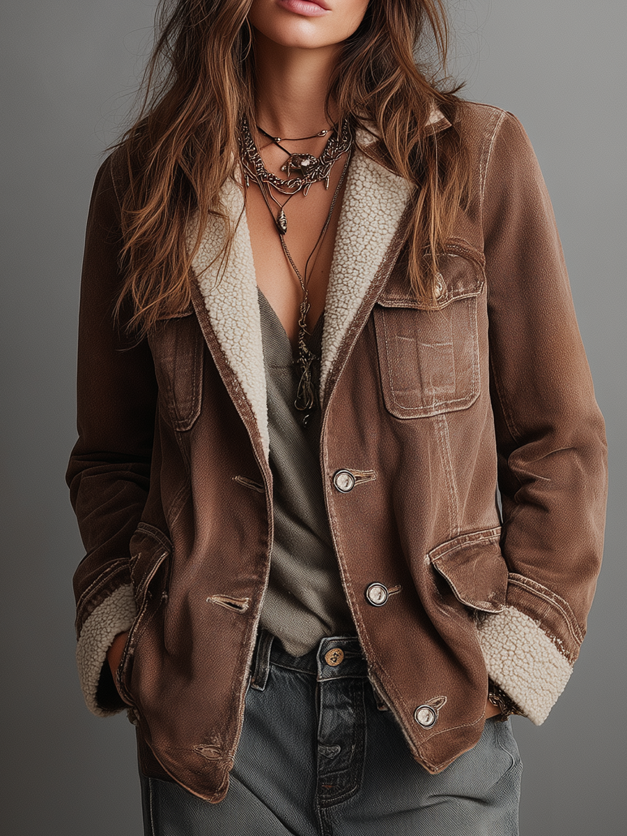 Retro multi-pocket sherpa lined denim coat front view
