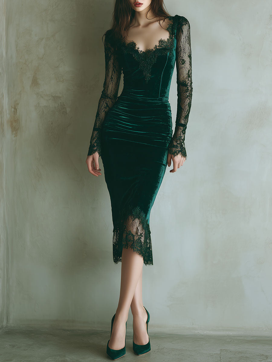 Elegant green velvet long sleeve lace midi dress front view