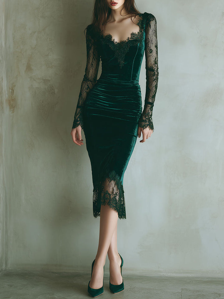 Elegant green velvet long sleeve lace midi dress front view