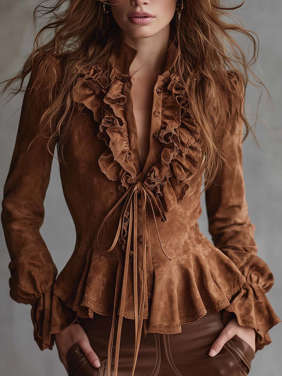 Vintage caramel eco-suede ruffle blouse lace trim front view