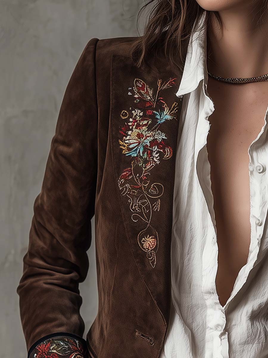 Suede blazer embroidered back view