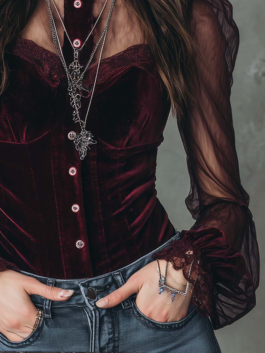 Sheer sleeve velvet blouse back view